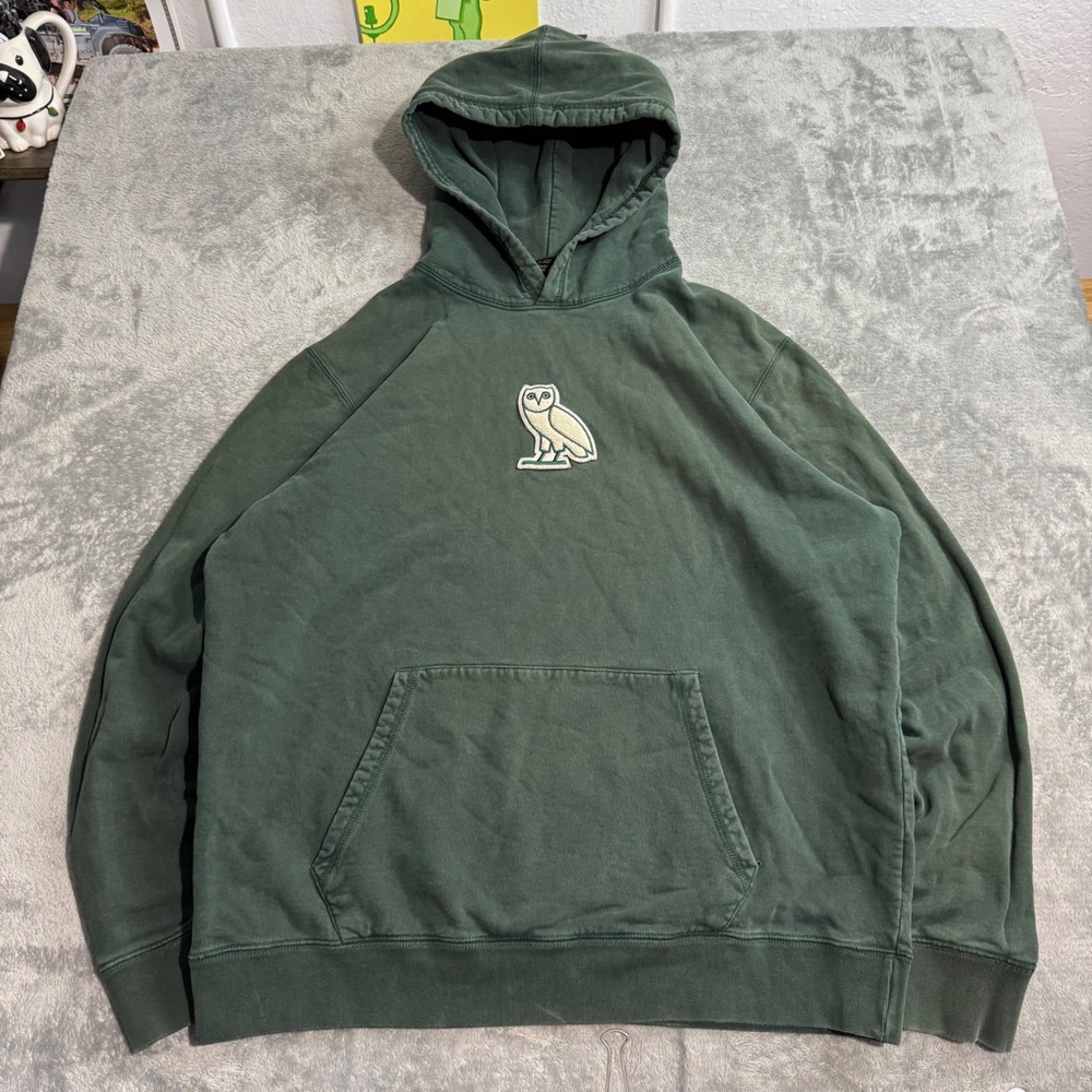 OVO Octobers Very Own Owl Patch Hoodie Forest Green XL Made in Canada Distressed